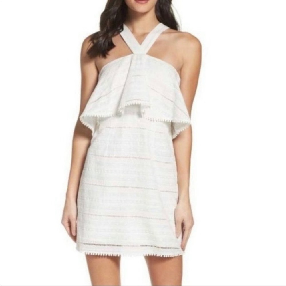 Foxiedox white halter top lace off the shoulder mini dress eyelet ruffle